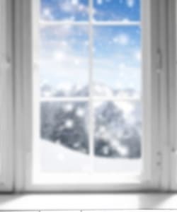 Image depicts a window with a view of a snowy landscape.