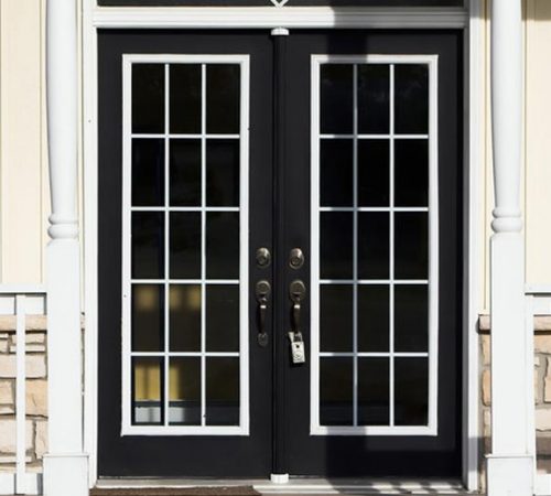 Image depicts a black french patio door.