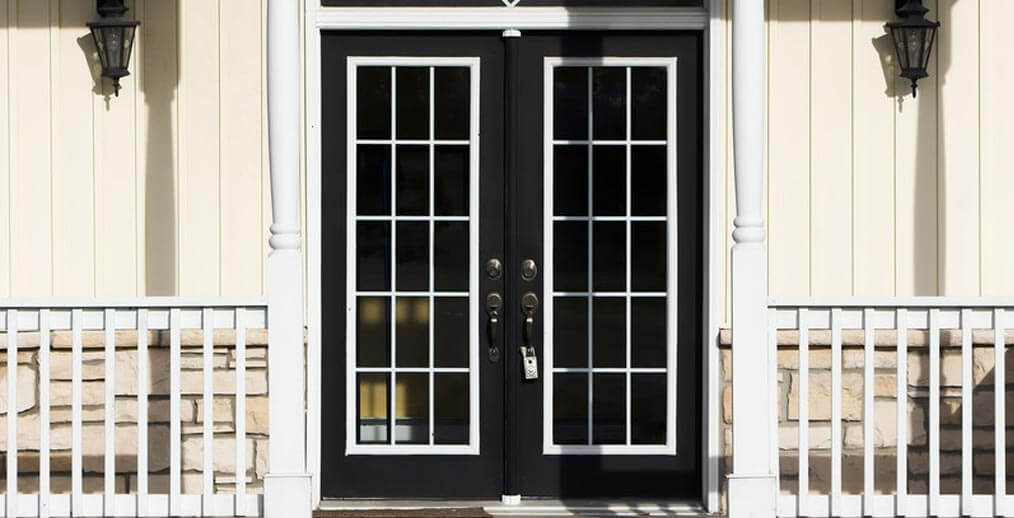 Image depicts a black french patio door.