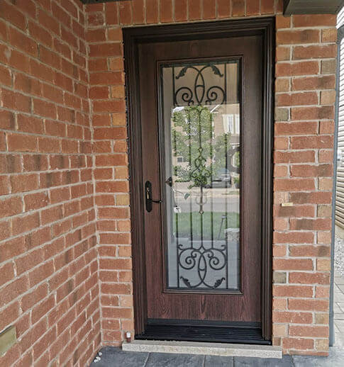 brown fiberglass door with glass insert