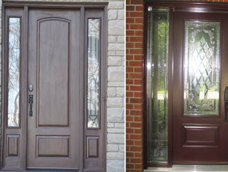 Image depicts a red and light brown entry door.
