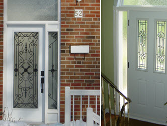 Image depicts a white entry door with glass inserts.