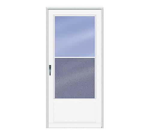 Image depicts a self storing storm door.