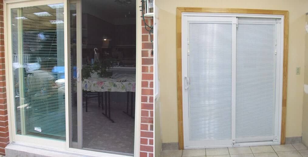 Image depicts a sliding patio door from the inside and outside.