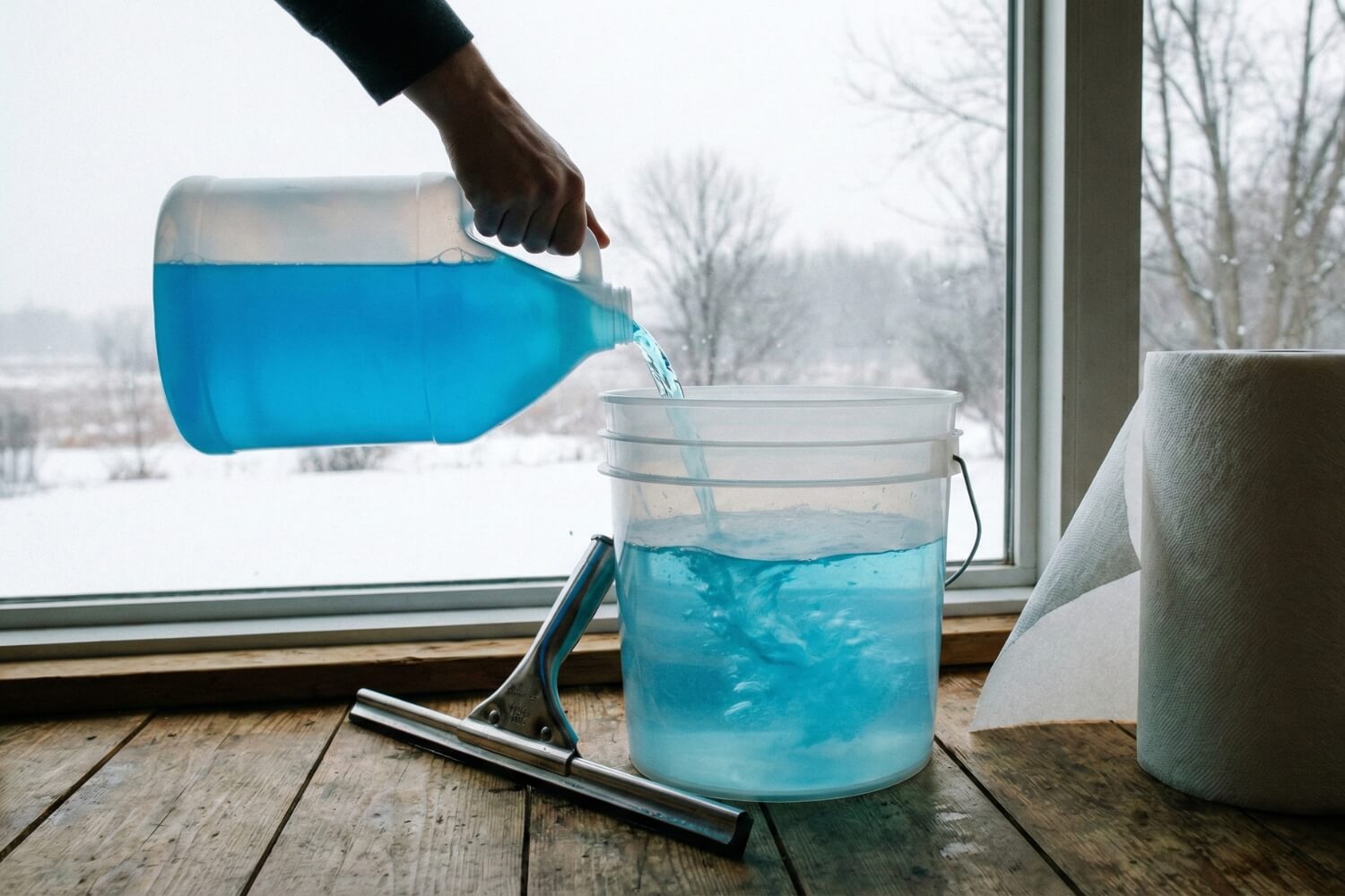 squeegee cleaning dirty winter window Using a squeegee to clean accumulated dirt from a window during winter for a streak-free shine.