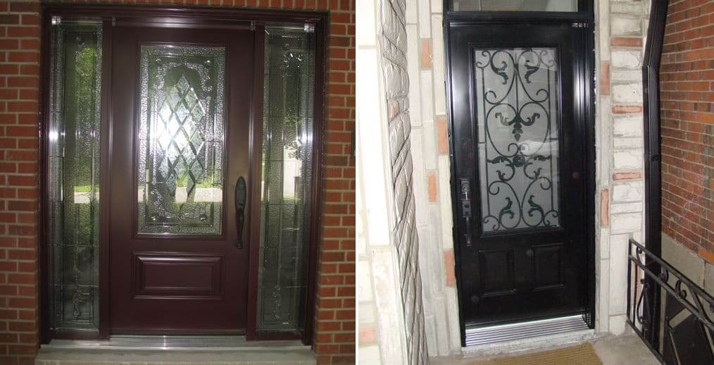 Image depicts steel entry front doors with glass inserts.