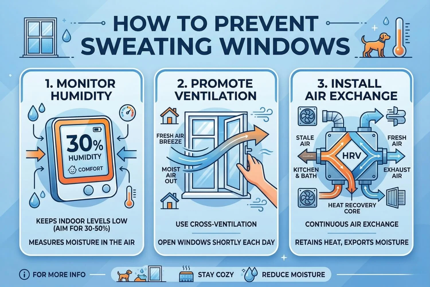 the steps to reduce window condensation in winter and lower indoor humidity.