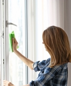 Image depicts woman cleaning a window.