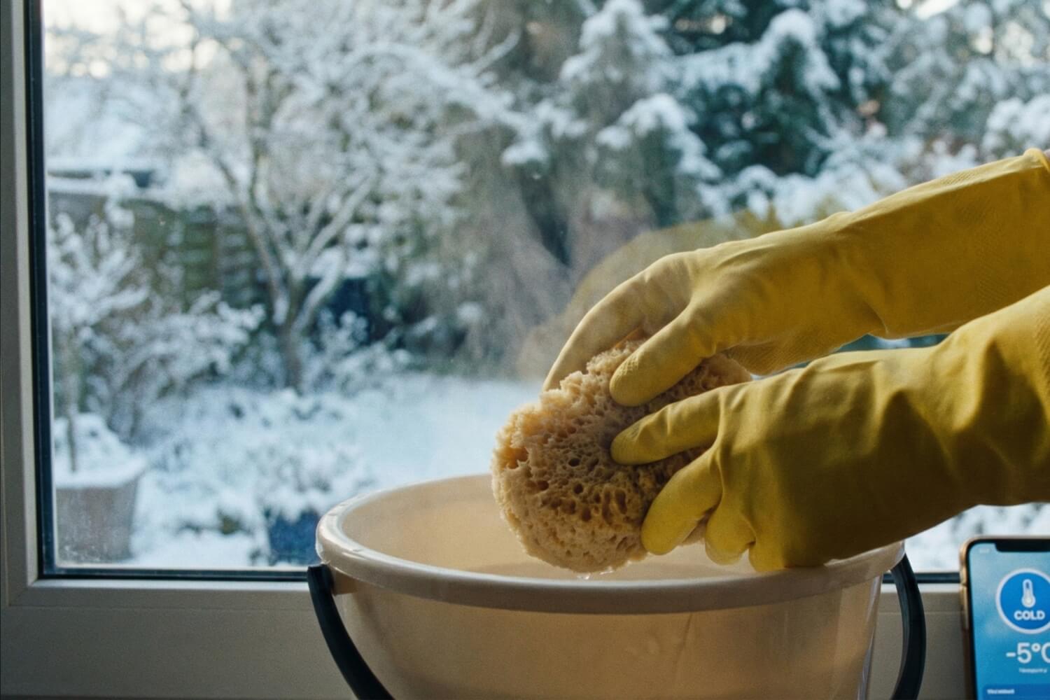 windshield fluid prevent window freezing Adding blue windshield washer fluid to cleaning water to prevent windows from freezing in winter.