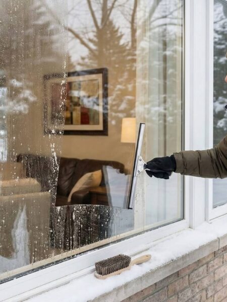 Hands in rubber gloves using warm water for winter window washing to prevent freezing.