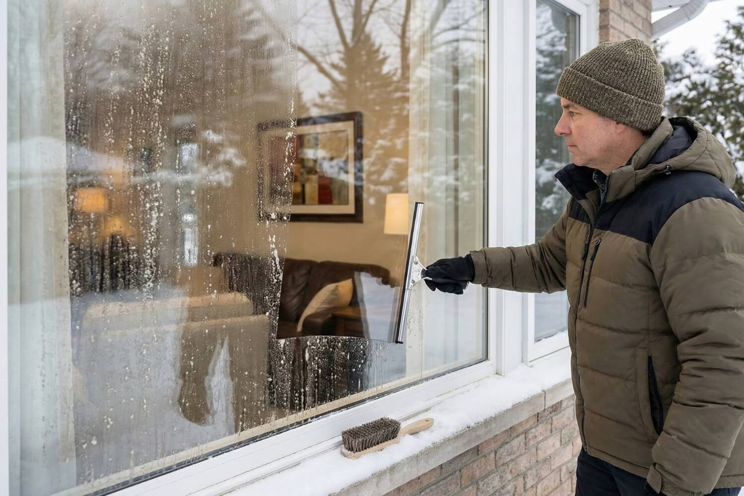Hands in rubber gloves using warm water for winter window washing to prevent freezing.