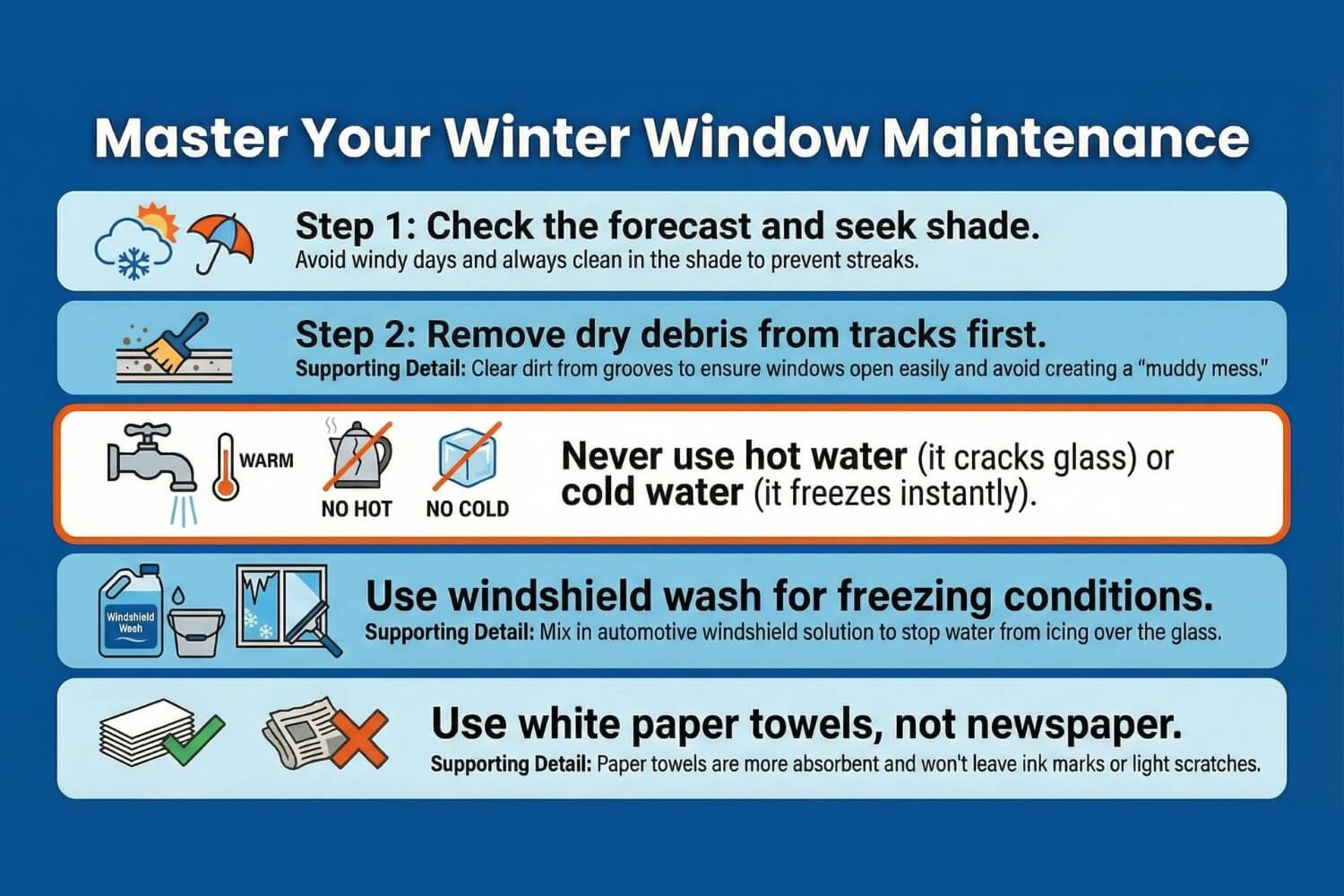 winter window maintenance tips 5 steps for winter window maintenance: check the forecast, remove debris, avoid hot or cold water, use windshield wash, and clean with paper towels.