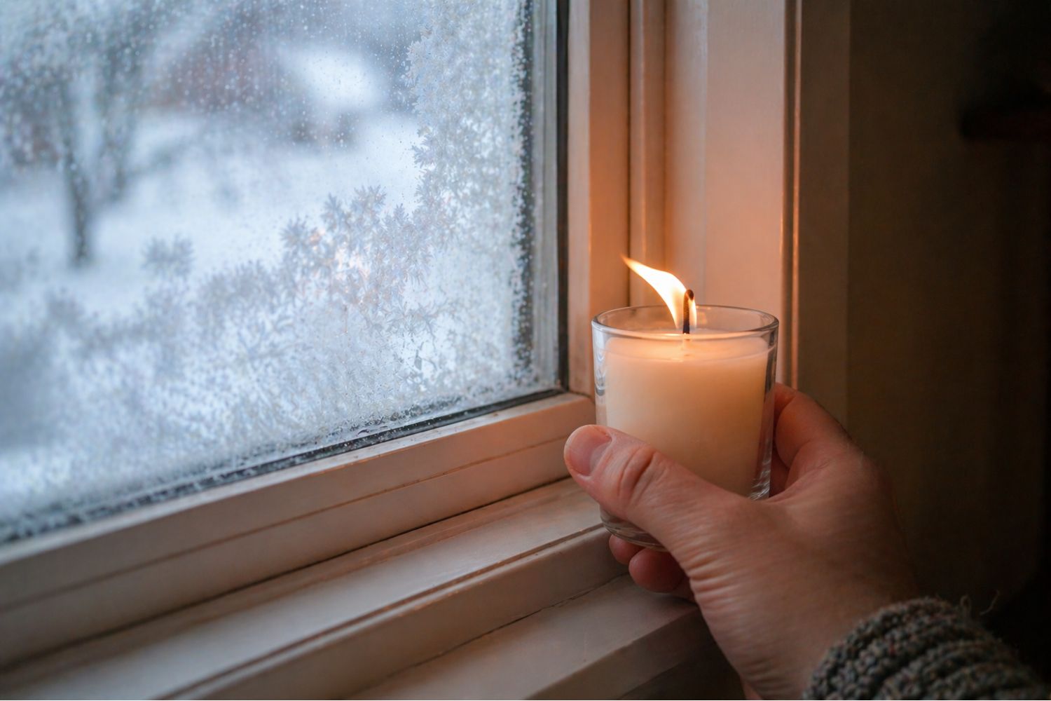 Testing for drafty new windows with a candle to identify bad window seals.