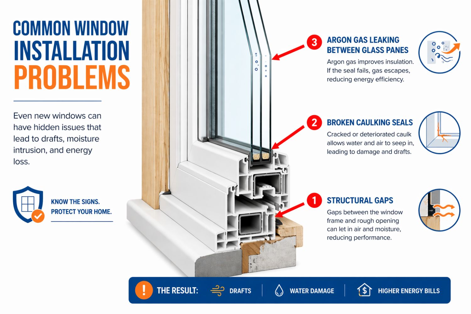 common signs of faulty window replacement including broken seals and missing caulking.