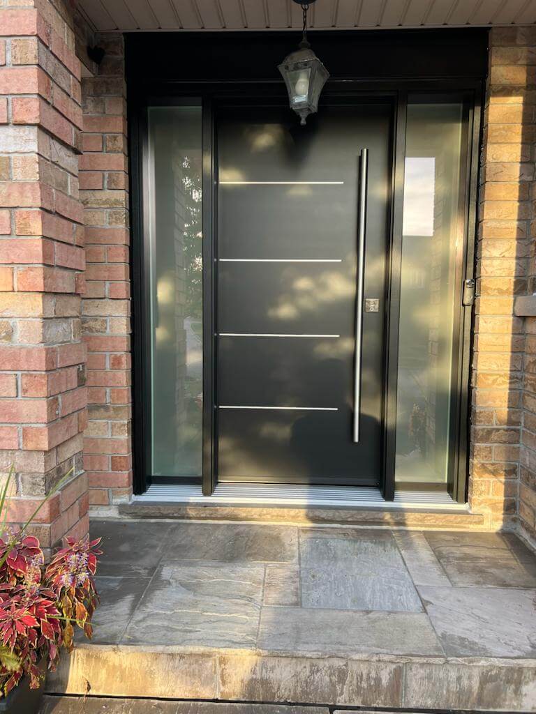 black fibreglass entry door installation