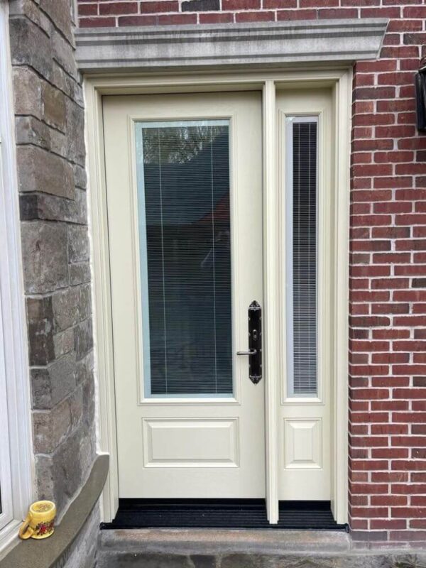 Beige fiberglass entry door with glass insert