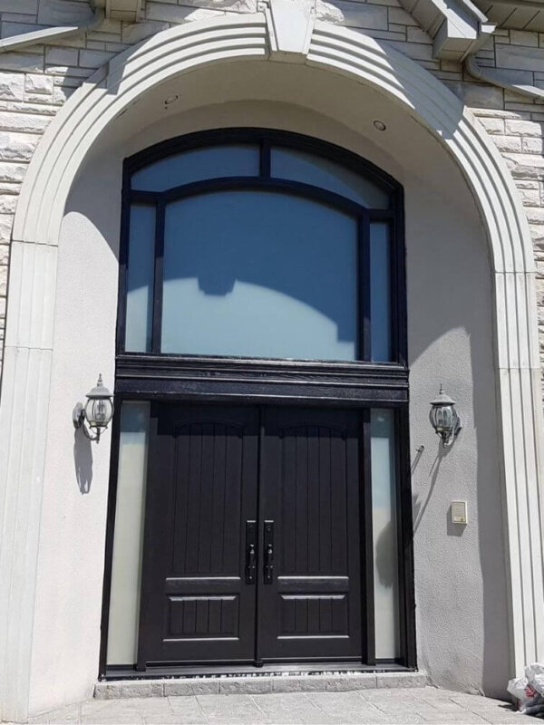Black fiberglass double entry door with huge transom