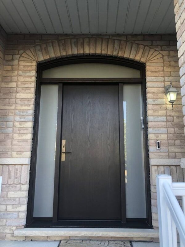 Black fiberglass entry door with sidelights and transom