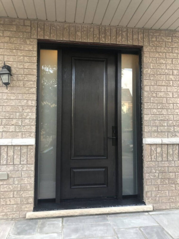 Black fiberglass single entry door with frosted sidelights