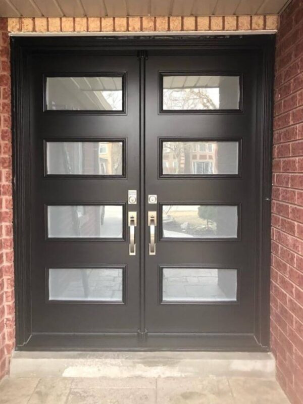 Black steel double entry door with glass inserts