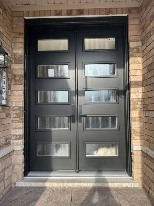 Black steel double entry door with multiple glass inserts
