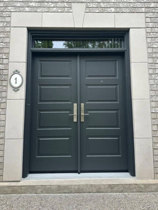 Black steel double entry door with transom