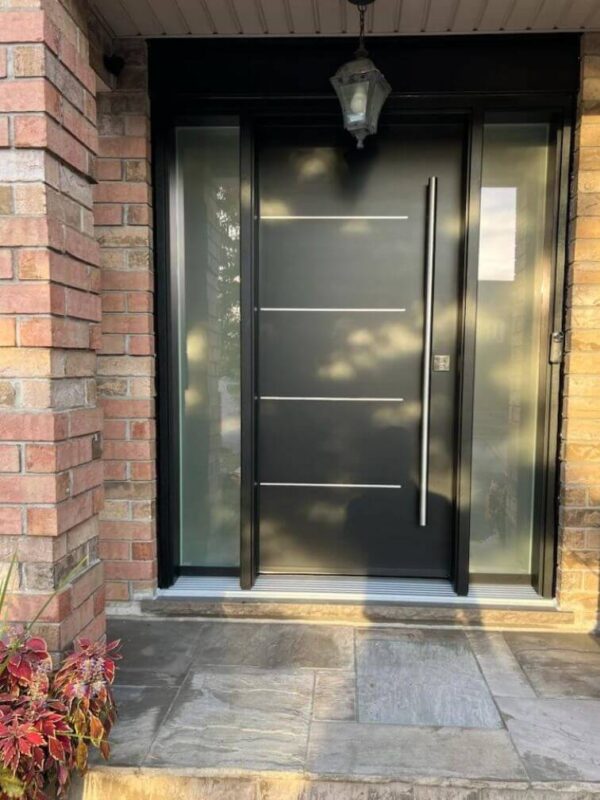 Black steel entry door with aluminum inserts