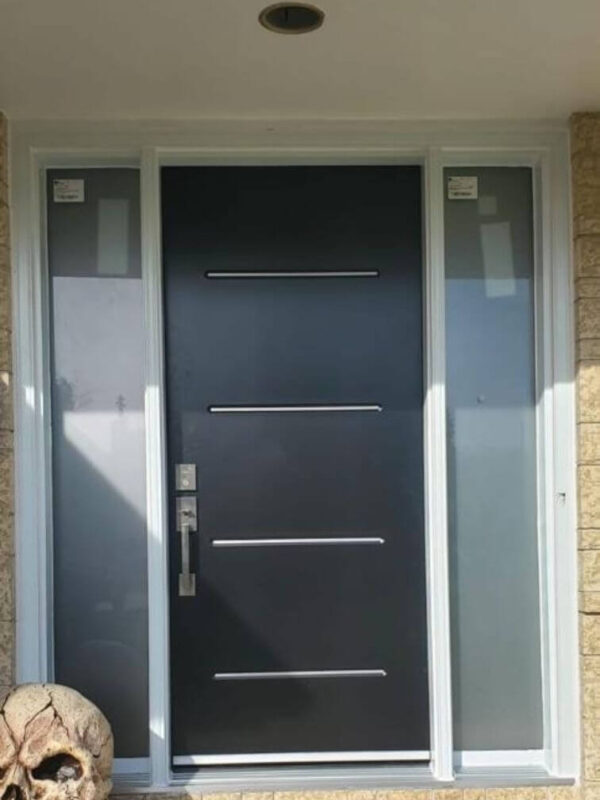 Black steel entry door with sidelights