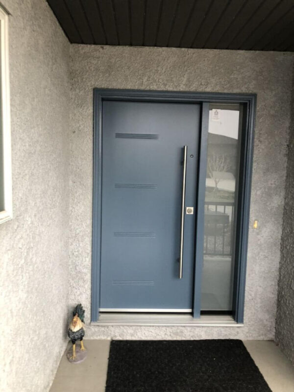 Blue steel entry door with sidelite