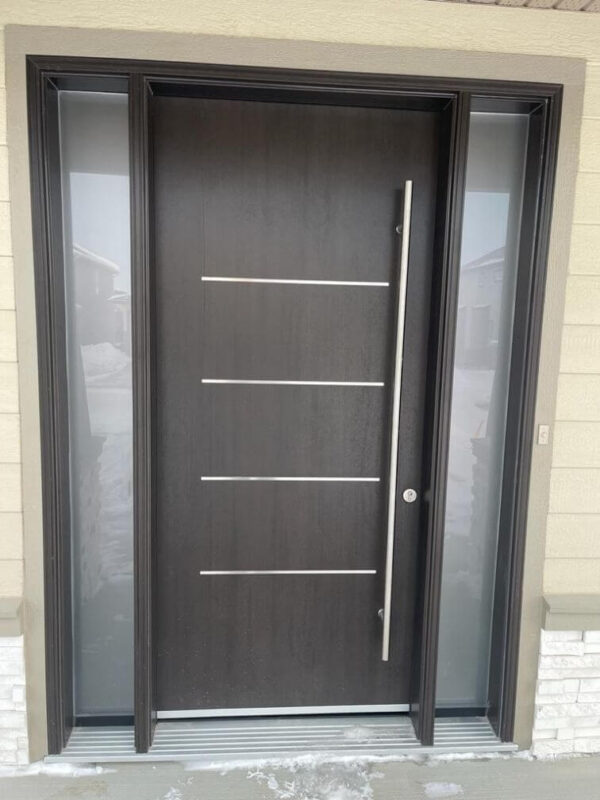 Brown fiberglass entry door with aluminum inserts