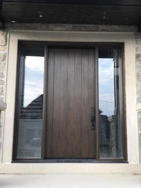 Brown fiberglass entry door with sidelites