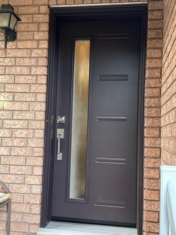 Brown steel entry door with offset glass insert