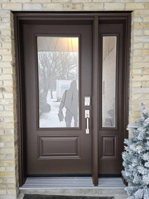 Brown steel entry door with sidelight