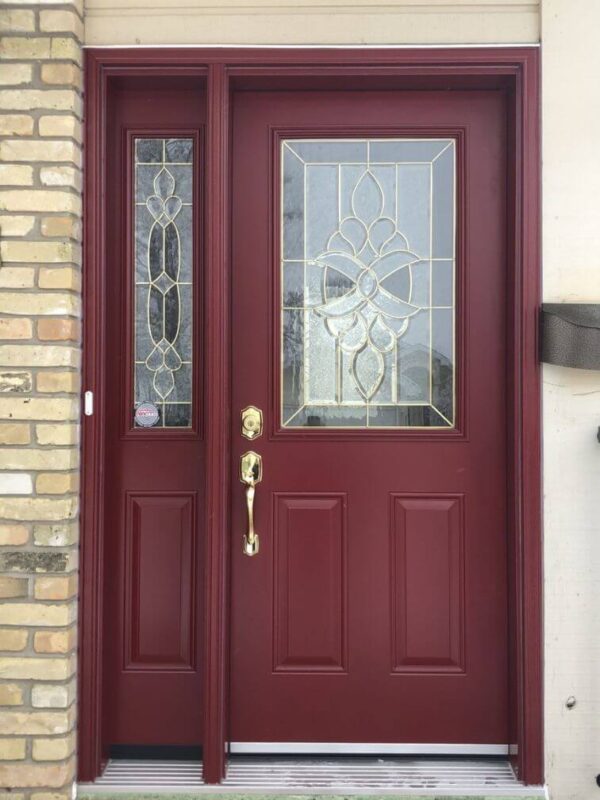 Burgundy steel entry door with glass insert and sidelite
