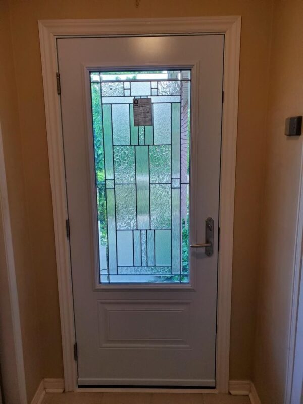 Cream Steel Single Door with Full Decorative Glass Insert. inside