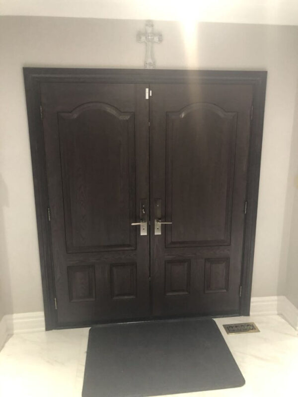 Dark brown fiberglass double entry door inside