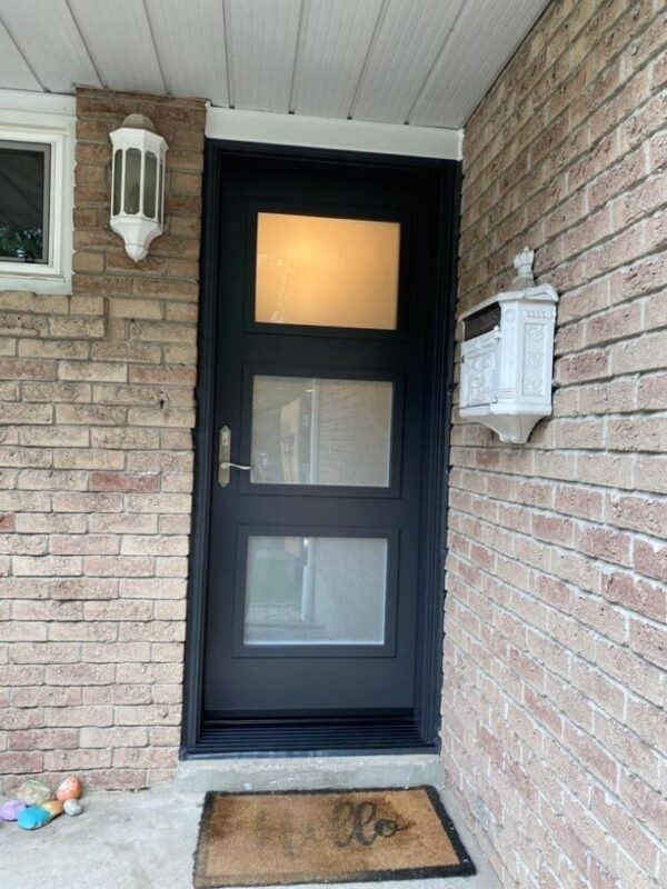 Dark grey steel entry door with glass inserts