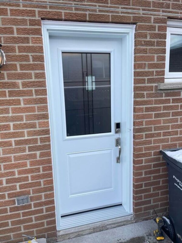 White steel entry door with decorative glass