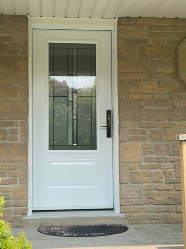 White steel entry door with decorative glass insert