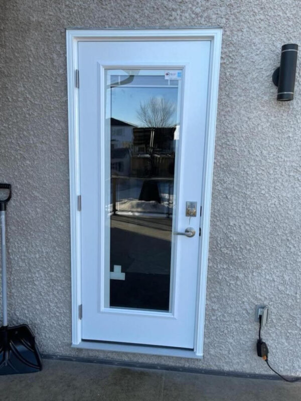 White steel entry door with full glass insert