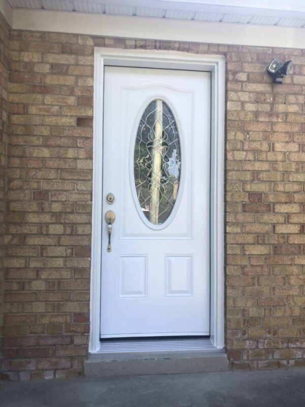 White steel entry door with oval glass insert