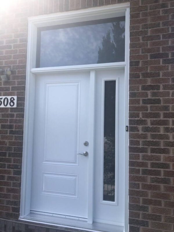 White steel entry door with sidelight and transom