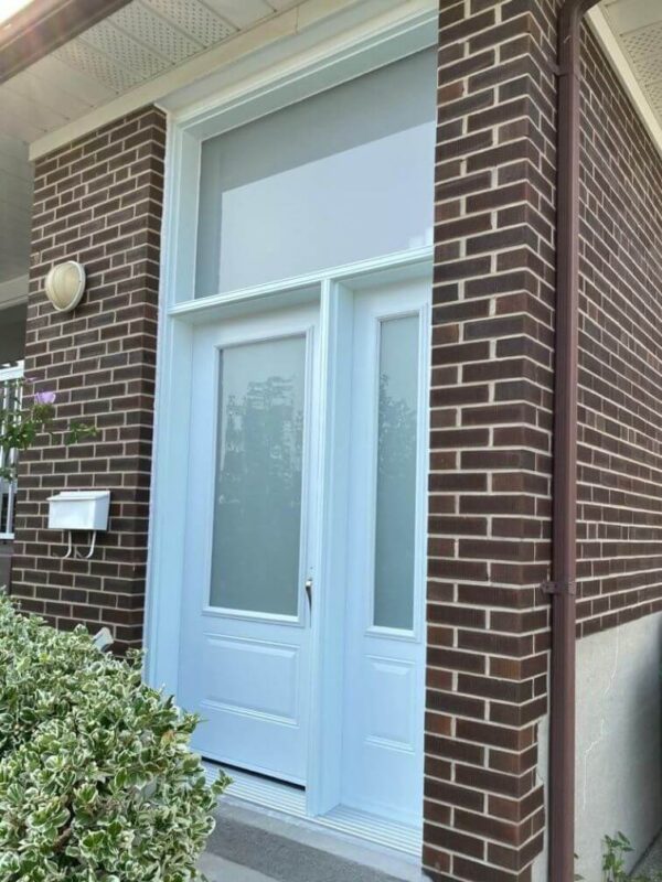 White steel entry door with sidelight and wide transom