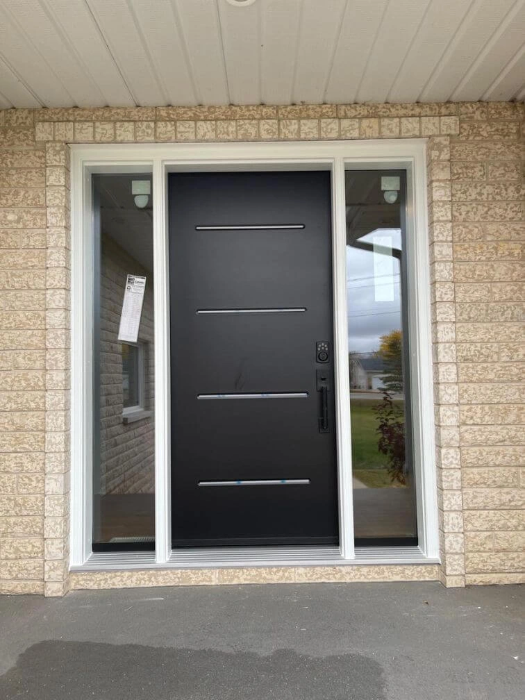 black steel entry door with white frame and sidelites