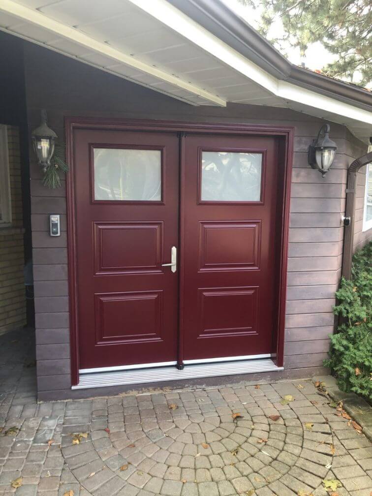 burgundy steel double entry door with glass inserts
