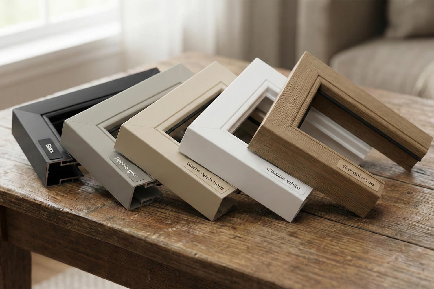 custom vinyl window colour options Fan-deck display of vinyl window frame corner samples showing various colour options like black, grey, and white