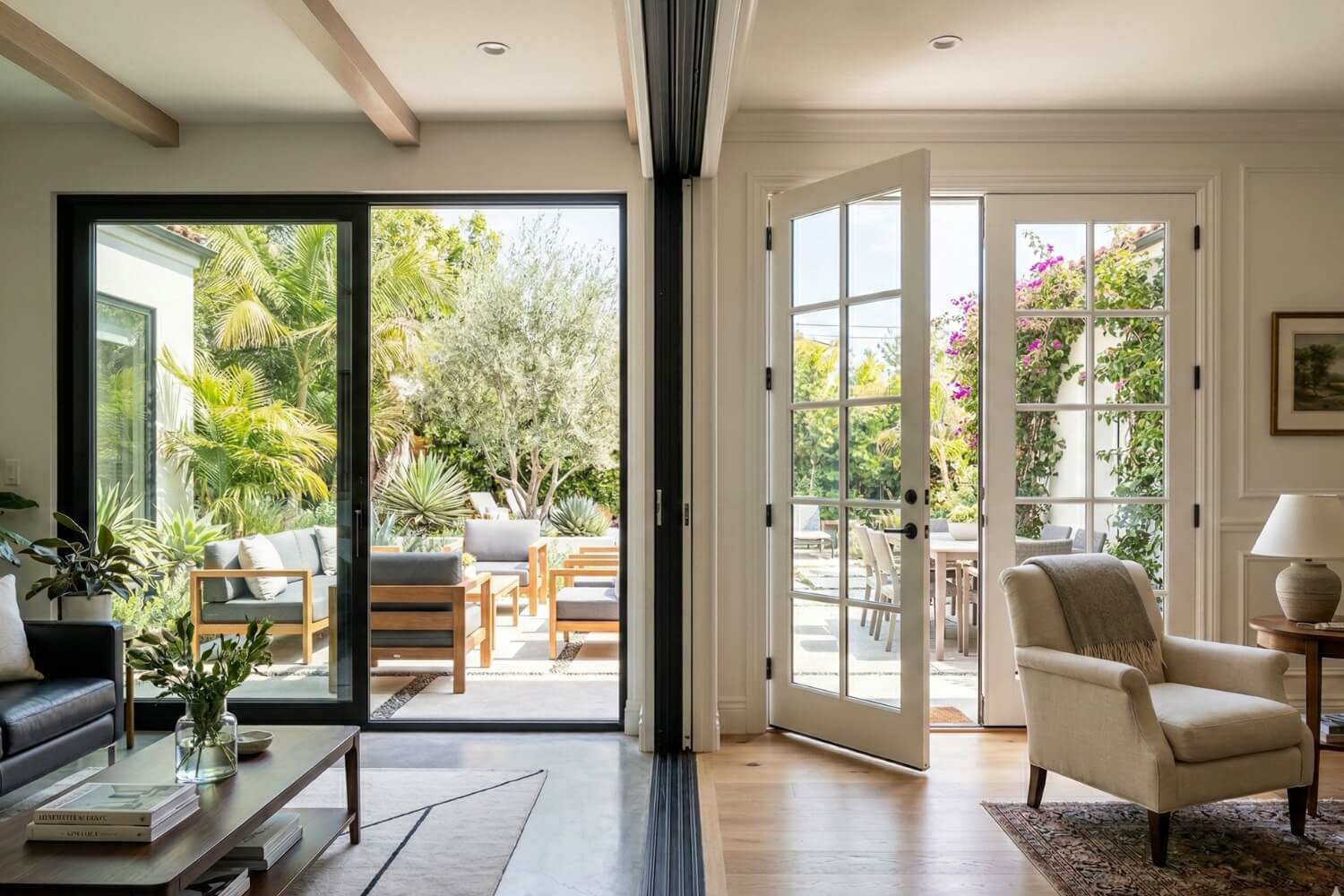 sliding vs french patio doors showing the modern track system alongside the classic hinged swinging design.