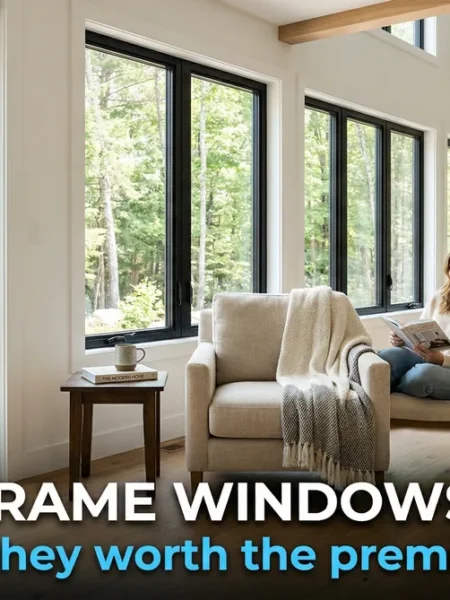 Modern home interior with large black frame windows, bright natural light, white walls