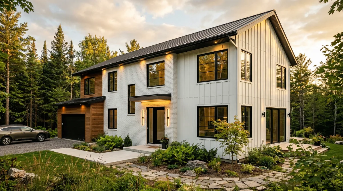 Modern home exterior with black frame windows against white board-and-batten siding, golden hour light