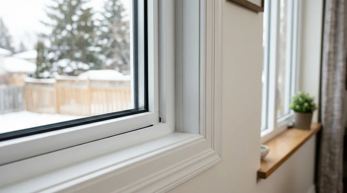 Quality vinyl window frame corner showing the profile and construction, Canadian home interior